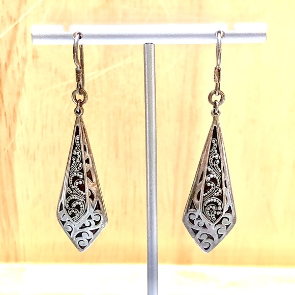 LOIS HILL Drop Dangle Sterling Oxidized Granulated & Cutout Overlapping Earrings - Picture 8 of 17